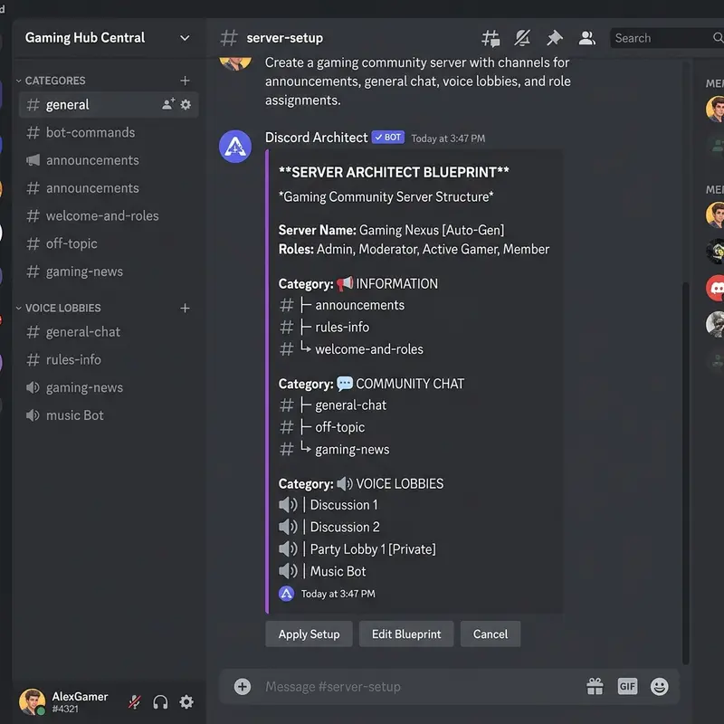 Discord Architect — AI bot that auto-generates Discord server structures with channels, roles, and permissions from text descriptions