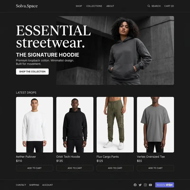 Solva.Space — E-commerce clothing brand storefront with Stripe payment integration and responsive product galleries