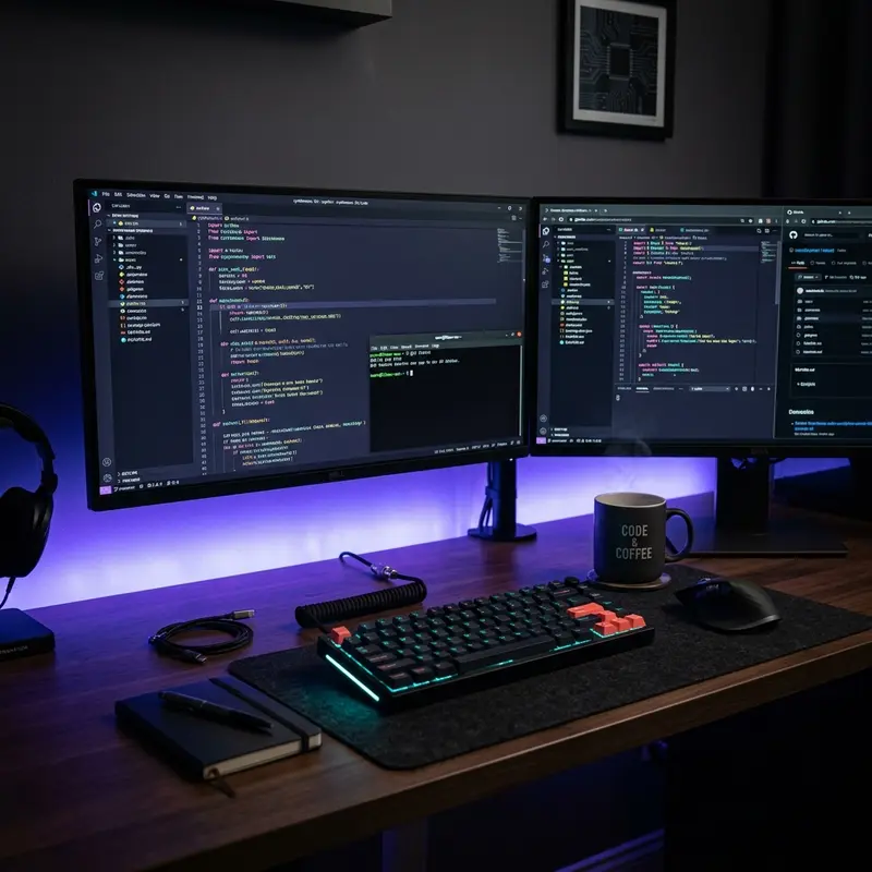 Appuzlota's developer workspace with dual monitors, mechanical keyboard, and Linux terminal for AI-powered full-stack development